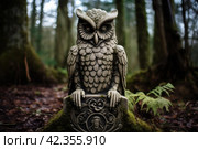 Cryptic Owl on cemetery gravestone in darkness. Generate ai. Стоковое AI-изображение, AI-художник Иван Рябоконь / Фотобанк Лори