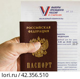 Рука держит российский паспорт и приглашение на выборы президента (2024 год). Редакционное фото, фотограф Евгений Будюкин / Фотобанк Лори