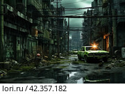 Ravaged Postapocalyptic green street. Generate Ai. Стоковое AI-изображение, AI-художник Иван Рябоконь / Фотобанк Лори