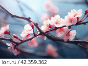 Ephemeral Sakura branch pink blossom. Generate Ai. Стоковое AI-изображение, AI-художник Иван Рябоконь / Фотобанк Лори