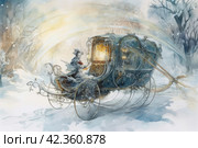 Horse-drawn carriage in the winter forest. Watercolor painting. Стоковое AI-изображение, AI-художник Анна Кривицкая / Фотобанк Лори