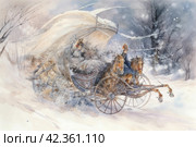 Horse-drawn carriage in the winter forest. Watercolor painting. Стоковое AI-изображение, AI-художник Анна Кривицкая / Фотобанк Лори