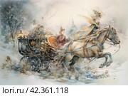 Horse-drawn carriage in the winter forest. Watercolor painting. Стоковое AI-изображение, AI-художник Анна Кривицкая / Фотобанк Лори