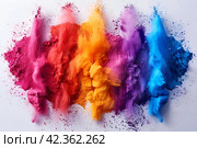 Holi background, voluminous and airy colored powder on a light background with empty space for design. Стоковое AI-изображение, AI-художник Мария Фадеева / Фотобанк Лори