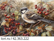 Long-tailed tit (Aegithalos caudatus) Стоковое AI-изображение, AI-художник Анна Кривицкая / Фотобанк Лори
