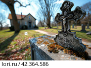 In front of the church doors, there is an Easter tombstone with the inscription Christ is Risen , reminding of the great triumph over death. Стоковое AI-изображение, AI-художник Юрий Поздников / Фотобанк Лори