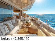 Yacht flybridge open deck, modern and luxury equipped. Lifestyle freedom concept. Стоковое AI-изображение, AI-художник Ирина Михайличенко / Фотобанк Лори