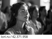 Blessing at the time of the prayer service before baptism: parishioners pray for salvation and spiritual cleansing. Стоковое AI-изображение, AI-художник Юрий Поздников / Фотобанк Лори