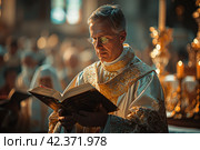Mystical Ritual: A priest prays, invoking a blessing for the sacred walls. Стоковое AI-изображение, AI-художник Юрий Поздников / Фотобанк Лори