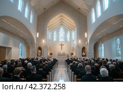 A Message of Thanksgiving from the Priest: Wishing the New Church Prosperity After the Consecration and Praise Speech. Стоковое AI-изображение, AI-художник Юрий Поздников / Фотобанк Лори