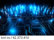 Electronic circuit board with chips. Стоковое AI-изображение, AI-художник Михаил Коханчиков / Фотобанк Лори