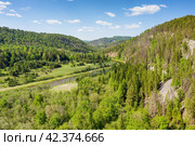 Южный Урал летом, река Зилим в урочище Культамак. Вид с воздуха. The Southern Urals in summer, the Zilim River in the Kultamak natural boundary. Aerial view. Стоковое фото, фотограф Евгений Романов / Фотобанк Лори