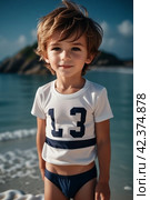 Милый мальчик на пляже | Cute little boy on the beach. Стоковое AI-изображение, AI-художник Данил Рыбаков / Фотобанк Лори