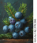 Close-up of the edge and texture of an entire juniper branch with berries,Generative AI. Стоковое AI-изображение, AI-художник Анна Кривицкая / Фотобанк Лори