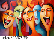 Laughing buddies, group of friends laughing together, their faces filled with joy and mirth. Стоковое AI-изображение, AI-художник Виктория Тельминова / Фотобанк Лори