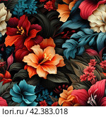 Hawaiian Design: With the following Blending ratios: floral designs with tropical rainforest broad leaves and blooms, it true, black background --no mock up ,Generative AI. Стоковое AI-изображение, AI-художник Анна Кривицкая / Фотобанк Лори