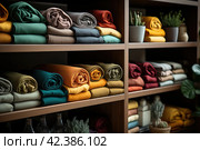 Wardrobe after decluttering and putting in order, storage system for clothes, folded on shelves and hanging on racks. Стоковое AI-изображение, AI-художник Ирина Михайличенко / Фотобанк Лори