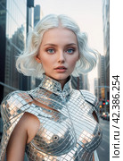 Futuristic female silver suit. People of the future. Image generated by AI. Стоковое AI-изображение, AI-художник Андрей Аркуша / Фотобанк Лори