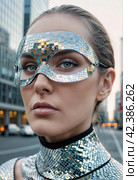 Futuristic female silver suit. People of the future. Image generated by AI. Стоковое AI-изображение, AI-художник Андрей Аркуша / Фотобанк Лори