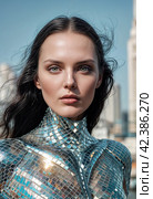 Futuristic female silver suit. People of the future. Image generated by AI. Стоковое AI-изображение, AI-художник Андрей Аркуша / Фотобанк Лори