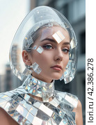 Futuristic female silver suit. People of the future. Image generated by AI. Стоковое AI-изображение, AI-художник Андрей Аркуша / Фотобанк Лори