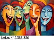 Laughing buddies, group of friends laughing together, their faces filled with joy and mirth. Стоковое AI-изображение, AI-художник Виктория Тельминова / Фотобанк Лори