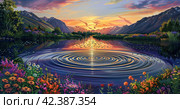 Crane Lake surrounded by bright colors reflecting the colorful sky at sunset with mountains in the background. Generated by AI. Стоковое AI-изображение, AI-художник Ярославский Максим / Фотобанк Лори