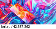 A modern smartphone merges with a bright neon, purple, green, orange metallic psychedelic optimistic texture. Стоковое AI-изображение, AI-художник Ярославский Максим / Фотобанк Лори