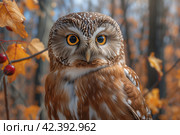 Portrait of an owl on the background of autumn leaves in the forest. Стоковое AI-изображение, AI-художник Евгений Харитонов / Фотобанк Лори