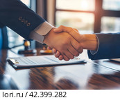 Business Handshake at Office Desk. Стоковое AI-изображение, AI-художник Кирилл Черезов / Фотобанк Лори