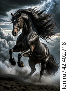 A black horse rearing up. Стоковое AI-изображение, AI-художник RamA / Фотобанк Лори