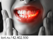 Young woman with toothache, periodontal disease in wisdom teeth, gum inflammation, dental pain, health problems concept, AI Generated. Стоковое AI-изображение, AI-художник Станислав Тарко / Фотобанк Лори