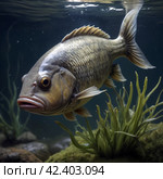 Fish at the bottom of the lake. Стоковое AI-изображение, AI-художник RamA / Фотобанк Лори