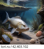 Fish on the background of the river bottom. Стоковое AI-изображение, AI-художник RamA / Фотобанк Лори