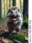 Hedgehog with mushroom. Стоковое AI-изображение, AI-художник RamA / Фотобанк Лори