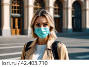 COVID-19 concept. Portrait social woman tourist in city wearing medical mask against disease virus SARS-CoV-2. Female with face mask walking with respecting distancing during pandemic coronavirus 2019. Стоковое AI-изображение, AI-художник Aleksandr Golubev / Фотобанк Лори