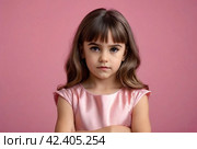 Serious funny little girl in pink dress arms crossed at pink backdrop, posing serious looking. Lovely kid lady coquette expressing emotion, studio shot. Child image emotion concept. Copy ad text space. Стоковое AI-изображение, AI-художник Aleksandr Golubev / Фотобанк Лори