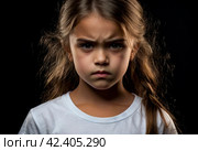 Portrait of frowning cover girl kid model 6 year old in white t-shirt expression emotion, angry looking at camera. Scowl child posing at black, studio shot. Kids emotional concept. Copy ad text space. Стоковое AI-изображение, AI-художник Aleksandr Golubev / Фотобанк Лори