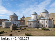 Вид на старинные Успенскую и Никольскую церкви в Ивангородской крепости солнечным мартовским днем. Ленинградская область (2024 год). Стоковое фото, фотограф Виктор Карасев / Фотобанк Лори