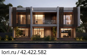 An elevation of the exterior residential building, in the style of dark beige and white, , extruded design, precisionist, contemporary glass, soft renderings, danish design,    Generative AI. Стоковое AI-изображение, AI-художник Анна Кривицкая / Фотобанк Лори