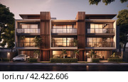 An elevation of the exterior residential building, in the style of dark beige and white, , extruded design, precisionist, contemporary glass, soft renderings, danish design,    Generative AI. Стоковое AI-изображение, AI-художник Анна Кривицкая / Фотобанк Лори