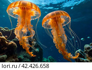 Jellyfish (Cubozoa) swimming in tropical underwaters bottom view. Medusa in underwater wild animal world. Observation of wildlife ocean. Scuba diving in Ecuador coast. Copy text space. Стоковое AI-изображение, AI-художник Aleksandr Golubev / Фотобанк Лори