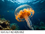 Jellyfish (Cubozoa) swimming in tropical underwaters bottom view. Medusa in underwater wild animal world. Observation of wildlife ocean. Scuba diving in Ecuador coast. Copy text space. Стоковое AI-изображение, AI-художник Aleksandr Golubev / Фотобанк Лори