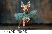 Small Dog Wearing a Green Tutu. Стоковое AI-изображение, AI-художник Юлия Гапеенко / Фотобанк Лори