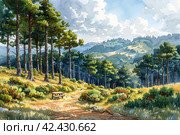 A grassy hilly thick dense pine forest with Sword ferns, watercolor style,    Generative AI. Стоковое AI-изображение, AI-художник Анна Кривицкая / Фотобанк Лори