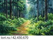 A grassy hilly thick dense pine forest with Sword ferns, watercolor style,    Generative AI. Стоковое AI-изображение, AI-художник Анна Кривицкая / Фотобанк Лори