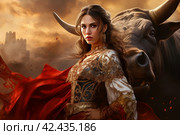 Bullfighter woman red cloth bull. Generate Ai. Стоковое AI-изображение, AI-художник Иван Рябоконь / Фотобанк Лори