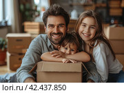 A lot of boxes, the family is moving to a new apartment,    Generative AI. Стоковое AI-изображение, AI-художник Анна Кривицкая / Фотобанк Лори