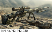 Camouflaged Sniper Rifle in Desert Terrain. Стоковое AI-изображение, AI-художник Кирилл Черезов / Фотобанк Лори