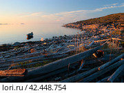 Остров Большая Нохкалуда. Штиль. Белая ночь. Лодка в заливе во время отлива. Острова Кузова. Белое море. Северная Карелия. Лето 2006 года. Стоковое фото, фотограф Курносов Александр Юрьевич / Фотобанк Лори